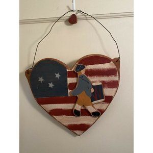 Americana Hand Painted Primitive Flag Wood Heart Sign Patriot Farmhouse Country